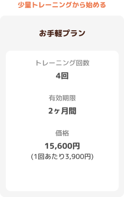 【お手軽プラン】トレーニング回数:4回 有効期限:2ヶ月 価格:15600円(1回あたり3900円)