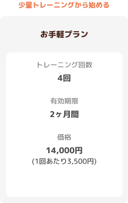 【お手軽プラン】トレーニング回数:4回 有効期限:2ヶ月 価格:14000円(1回あたり3500円)